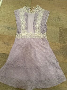 Sandro Lavender Lace Fit-and-Flare Dress with Cream Trim-SIZE 1